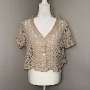 Y2K Peachy Plus Crochet Cardigan Top Women’s 2X Beige Cotton Short Sleeve Casual